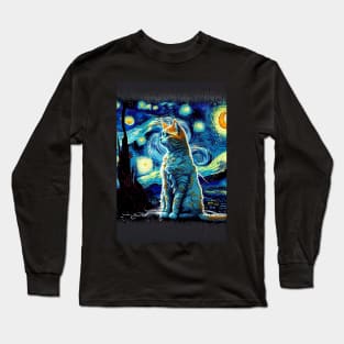 Cool Cat Portrait - Van Gogh The Starry Night Style Long Sleeve T-Shirt